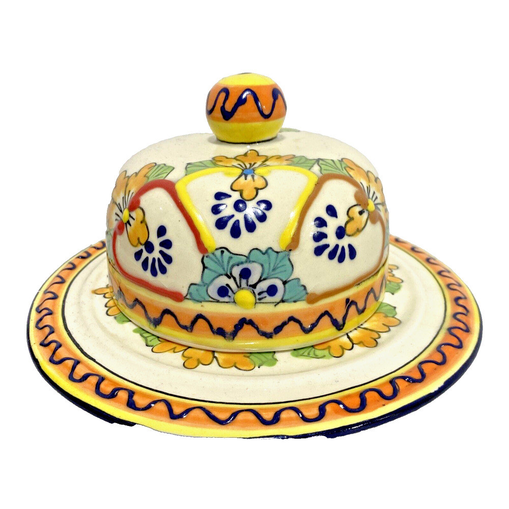 Unique Mexican Art Pottery Covered Dish Cheese Keeper Multicolor Mexico Folk Art